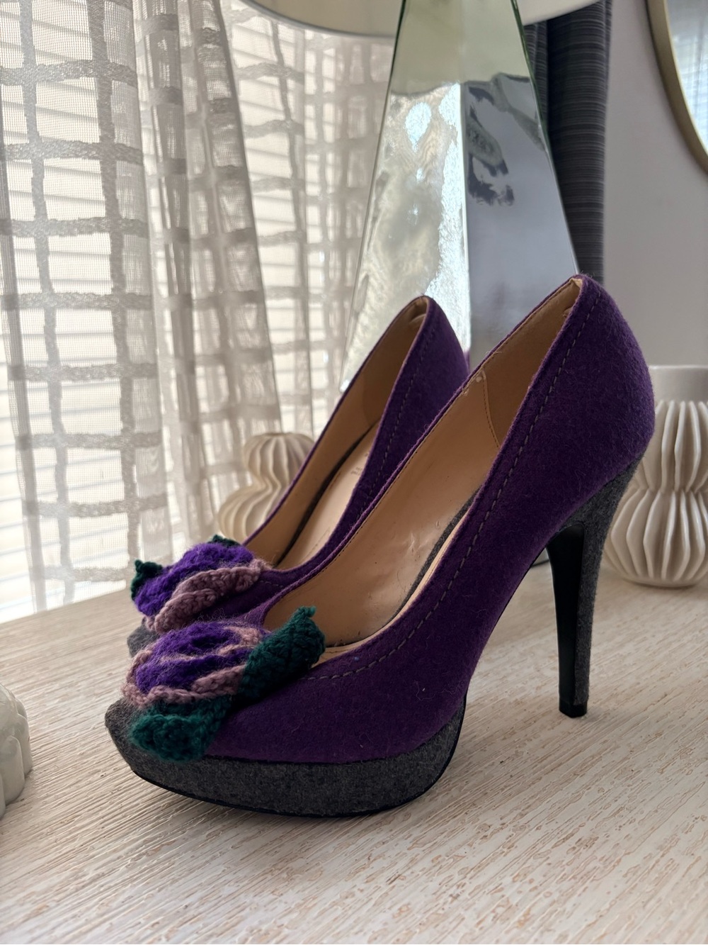 Prima Donna Collection Purple Gray Felt Wool Peep Toe Platform Heels Size 41/10